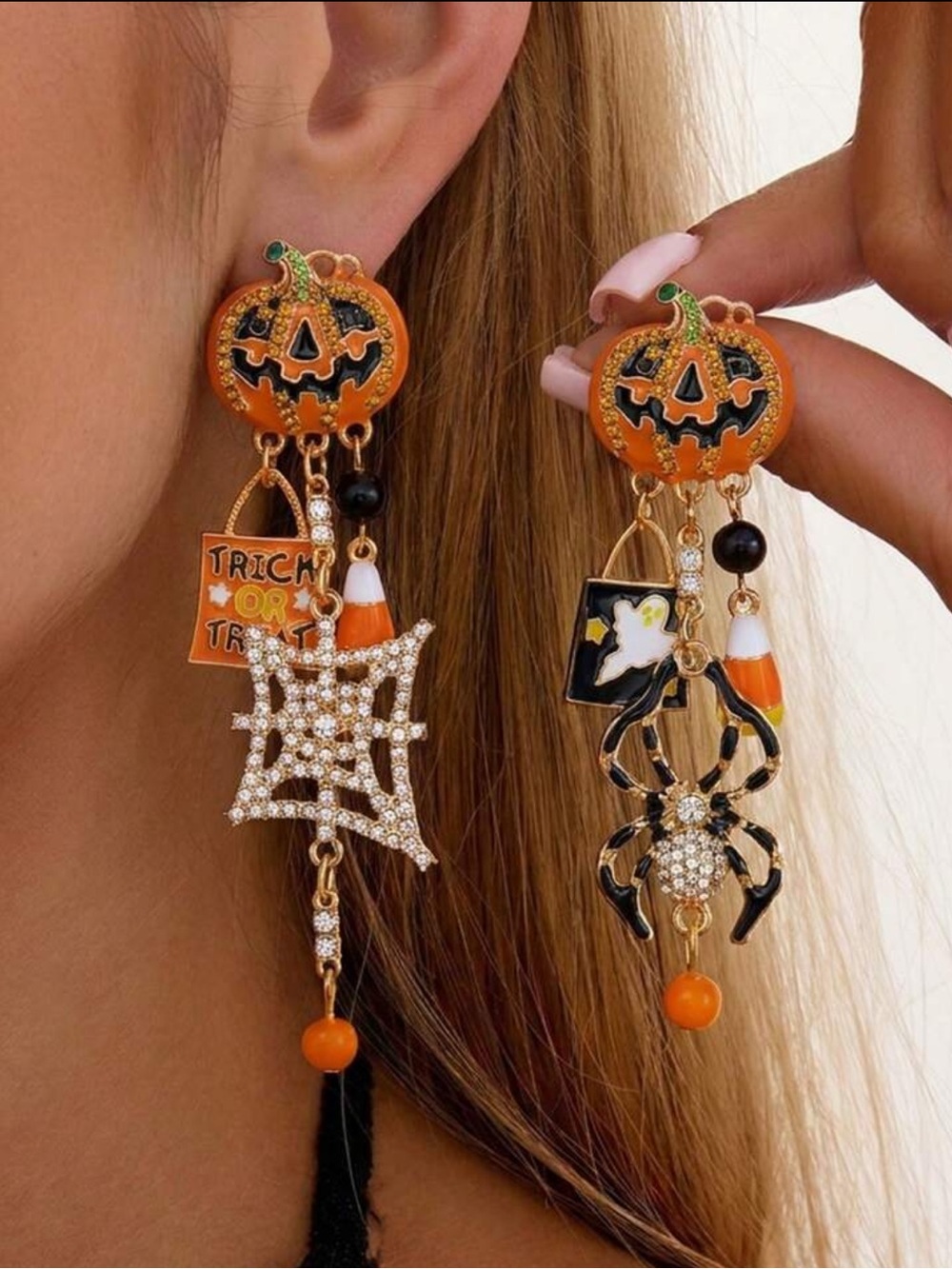 2pcs Halloween Drip Oil Rhinestone Pumpkin Spider Web Ghost Tassel Earrings,